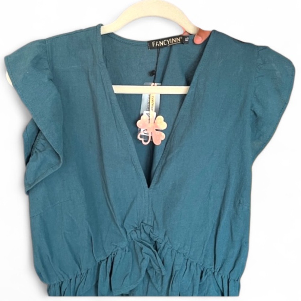 Fancyinn Blouse with Ruffled Cap Sleeves and Tie Front - Teal Blue/ GreenNWT - Picture 2 of 5